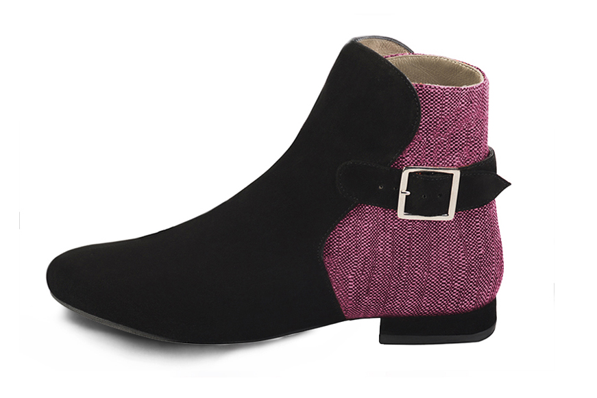 Women's matt black and fuchsia pink elegant ankle boots, with buckles at the back. Round toe. Flat block heels - Profile view